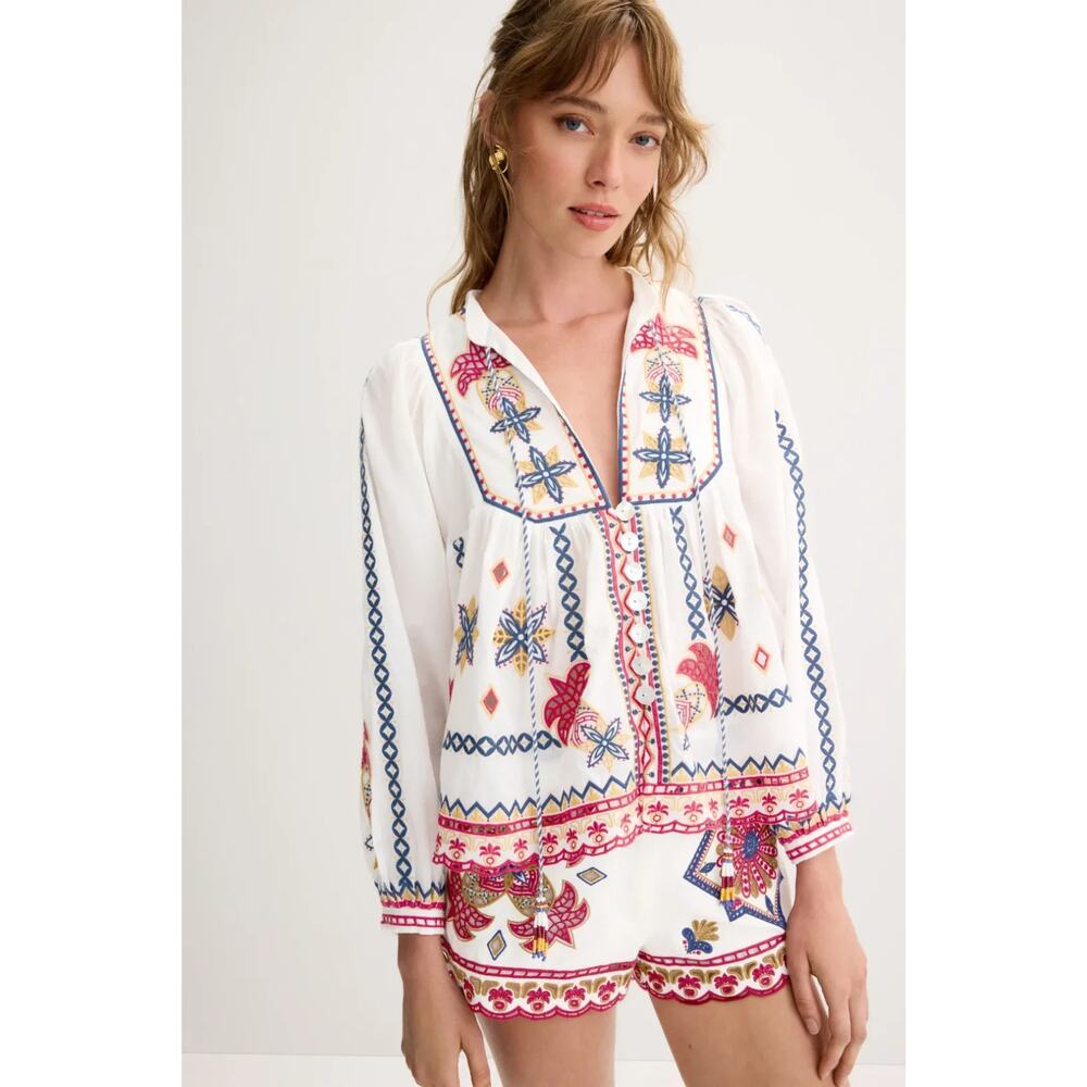 FARM Rio Marys Tiles Off-White Embroidered Blouse